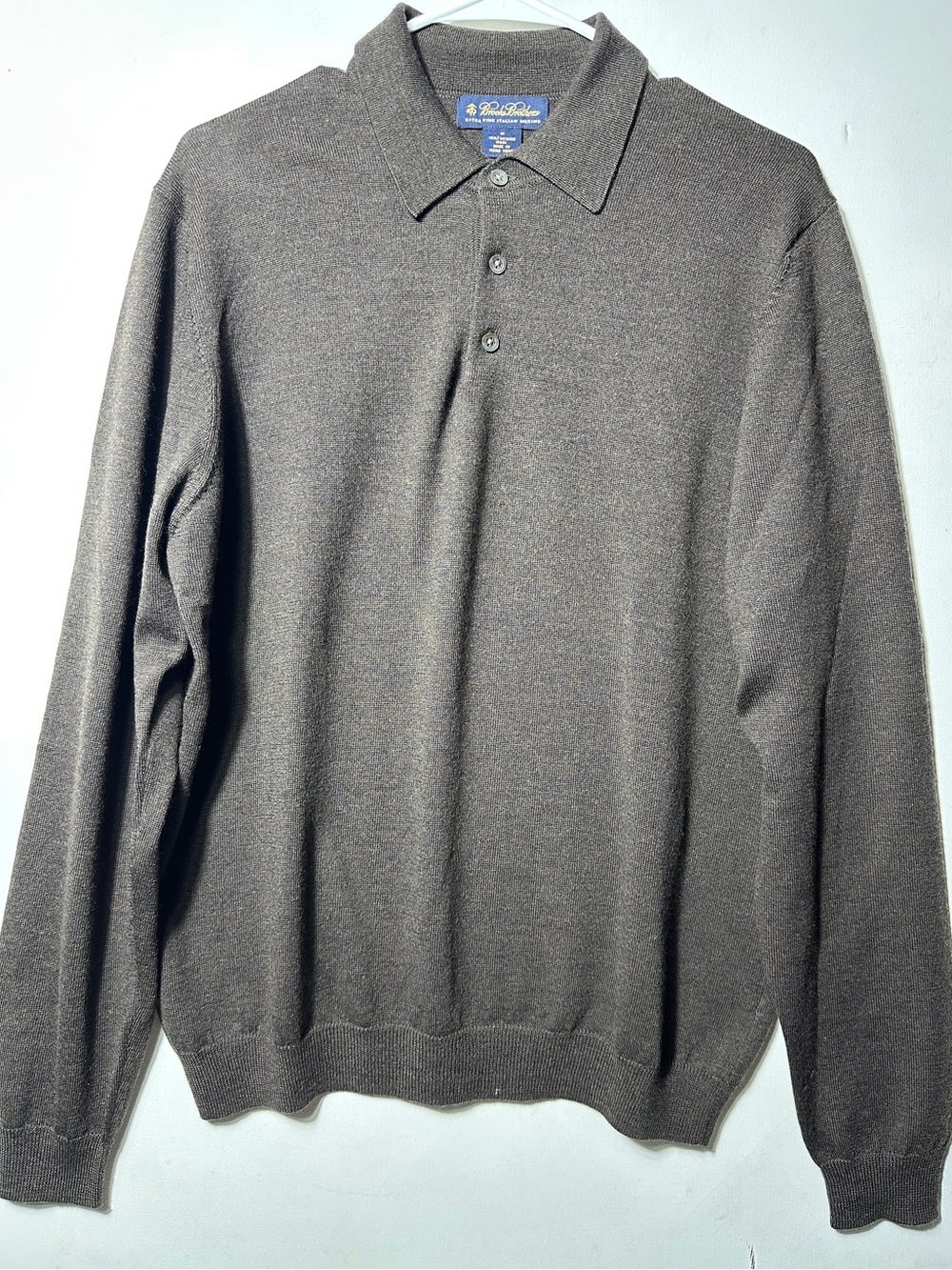 Brooks Brothers Fine Merino Wool Crewneck Polo Sweater - Heather Brown